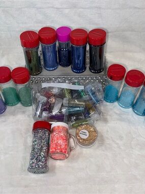 14+ Glitter Jars Lot for multi-purpose use. Mostly Fine glitter, a few chunky.